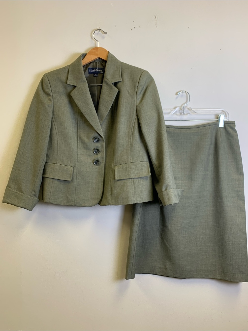 Evan Picone Olive Gray Women's Two-Piece Blazer & Skirt